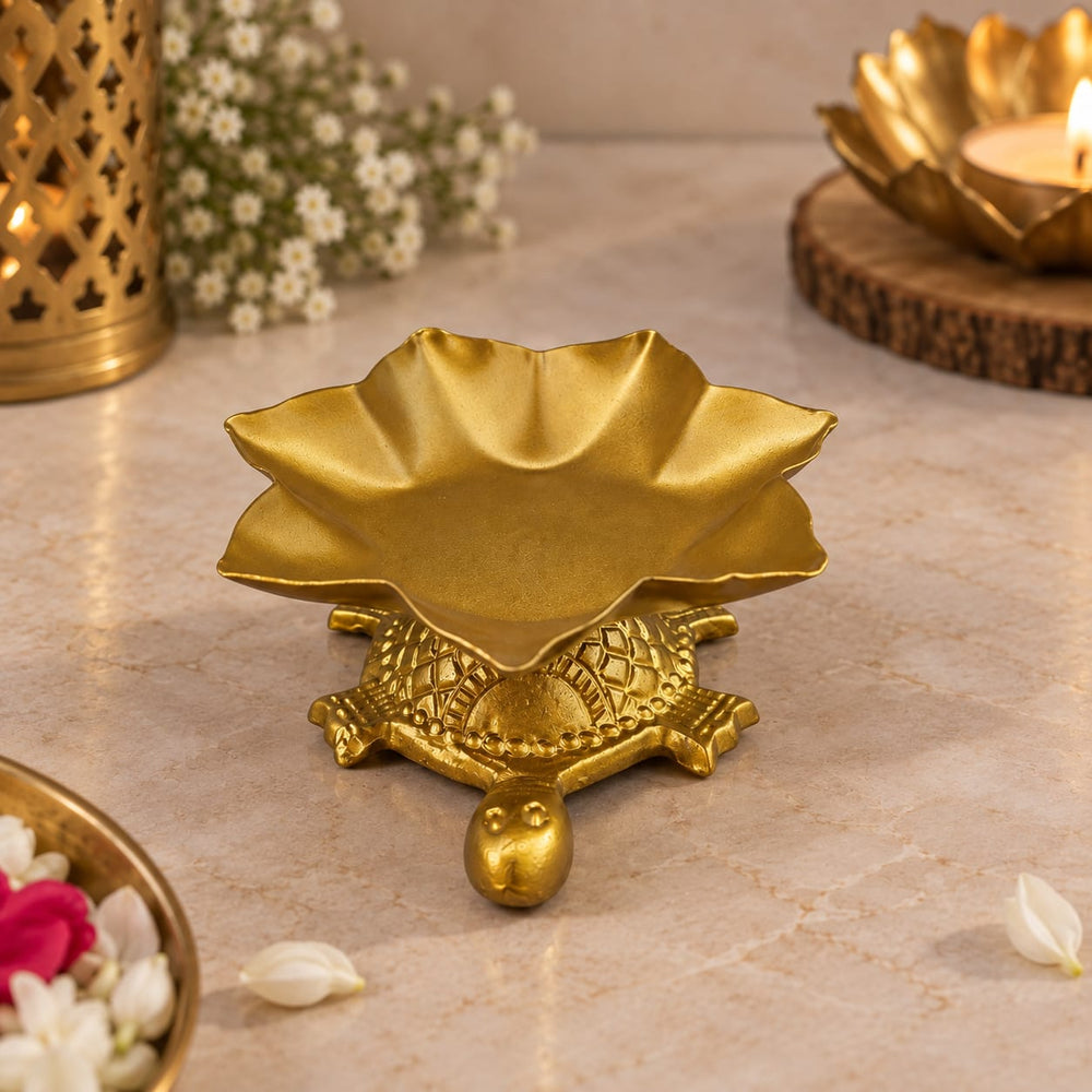 Premium Golden Lotus Decorative Bowl with Turtle Base | Traditional Metal Urli Bowl | Diya, Flower Petals & Festive Home Décor