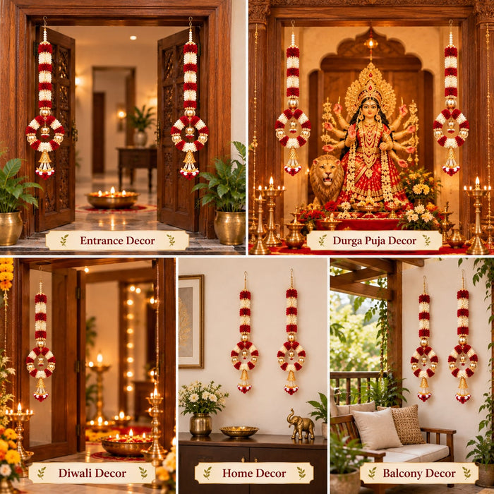 (Design No.6) Royal Maroon & White Flower Hanging for Home & Festive Decor | 29 Inch Artificial Floral Hanging with Golden Beads, Bells & Pearl Tassels | Door, Wall & Pooja Decoration
