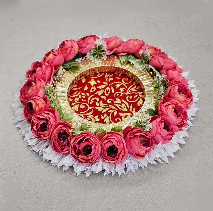 Handmade Floral Rakhi Platter/Pionee Platter  – Decorative Flower Rakhi Tray with Artificial Roses  for Wedding, Engagement | Pooja Platter, Center Table Decor,Gifting ( Rakhi Platter with Rakhi And Roli Chawal )