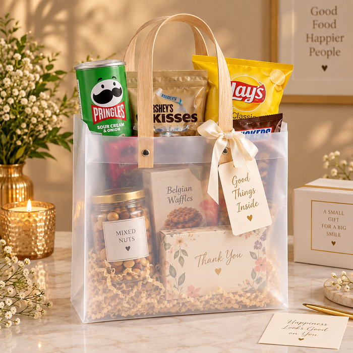 Transparent  Gift Bag with Handle | Premium Plastic Hamper Bag for Gifting, Return Gifts & Packaging | 10.5×8×4.5 Inch