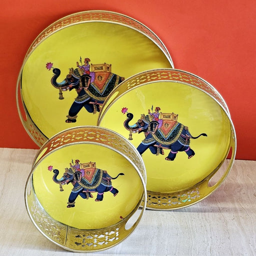 3 Piece (1 set) Traditonal Decorative Round Metal Gold Polish Pichwai Tray for Home Decor,Mandir Decor,Diwali Decor, Office,Table Decor, Entrance Decoration Item (Pack of 1) (Golden/Yellow)