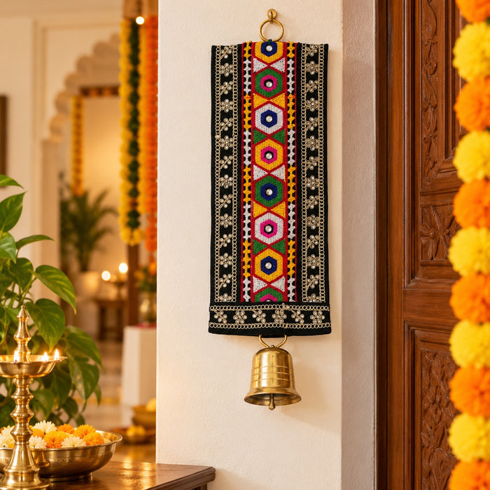 (Design No.3)( 2 pcs )Traditional Embellished Door Hanging with Bell | Red & Golden Decorative| 16 × 5.5 Inch Wall Hanging