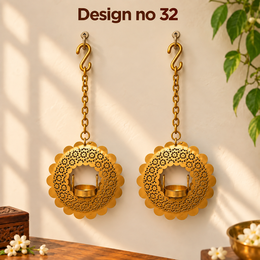 (Design No.32) Golden Metal Hanging Diya Holder | Decorative Wall Hanging Diya Stand | Height 14.5 Inch | Width 5.5 Inch | Festive Home Decor