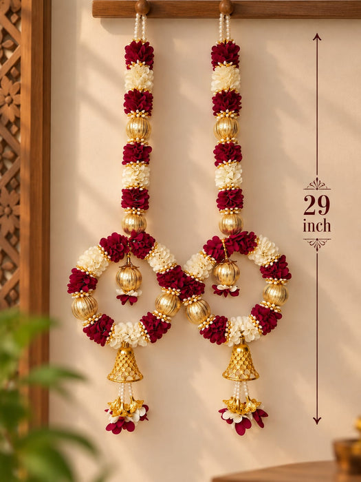 (Design No.6) Royal Maroon & White Flower Hanging for Home & Festive Decor | 29 Inch Artificial Floral Hanging with Golden Beads, Bells & Pearl Tassels | Door, Wall & Pooja Decoration
