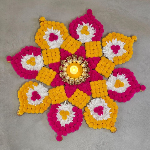 1 Piece Rajwadi Multi Colour Flower pompom Design Rangoli with 1 LED candle, Easy to Use. Just Set up with your own choice and make Rangoli for Floor Home Diwali Decoration DIY.