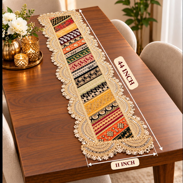 1 Pcs Traditional Indian Table Runner with Decorative Border | Ethnic & Festive Table Decor