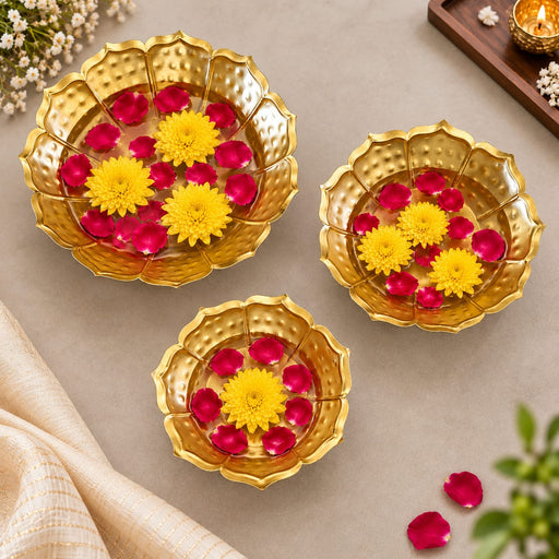 1 Set (3 Pcs) Decorative Open Lotus Flower Gold Polish Urli Bowl | Home, Mandir, Diwali, Floating Flowers & Candle Holder (Golden)