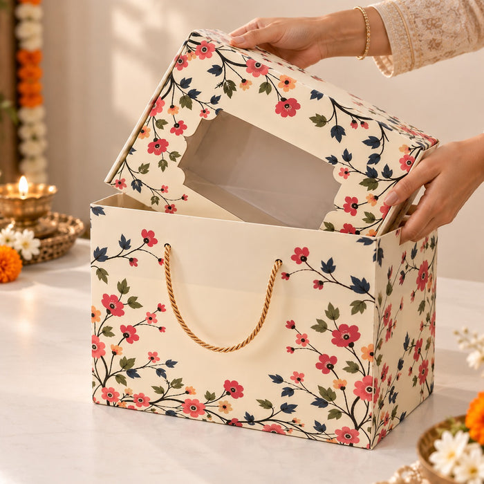 Floral Printed Gift Box with Transparent Window & Rope Handle | Premium Hamper Packaging Box