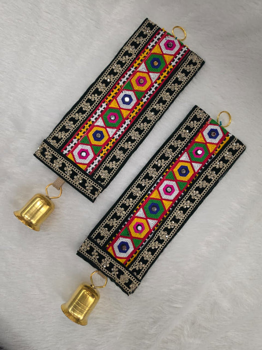 (Design No.3)( 2 pcs )Traditional Embellished Door Hanging with Bell | Red & Golden Decorative| 16 × 5.5 Inch Wall Hanging