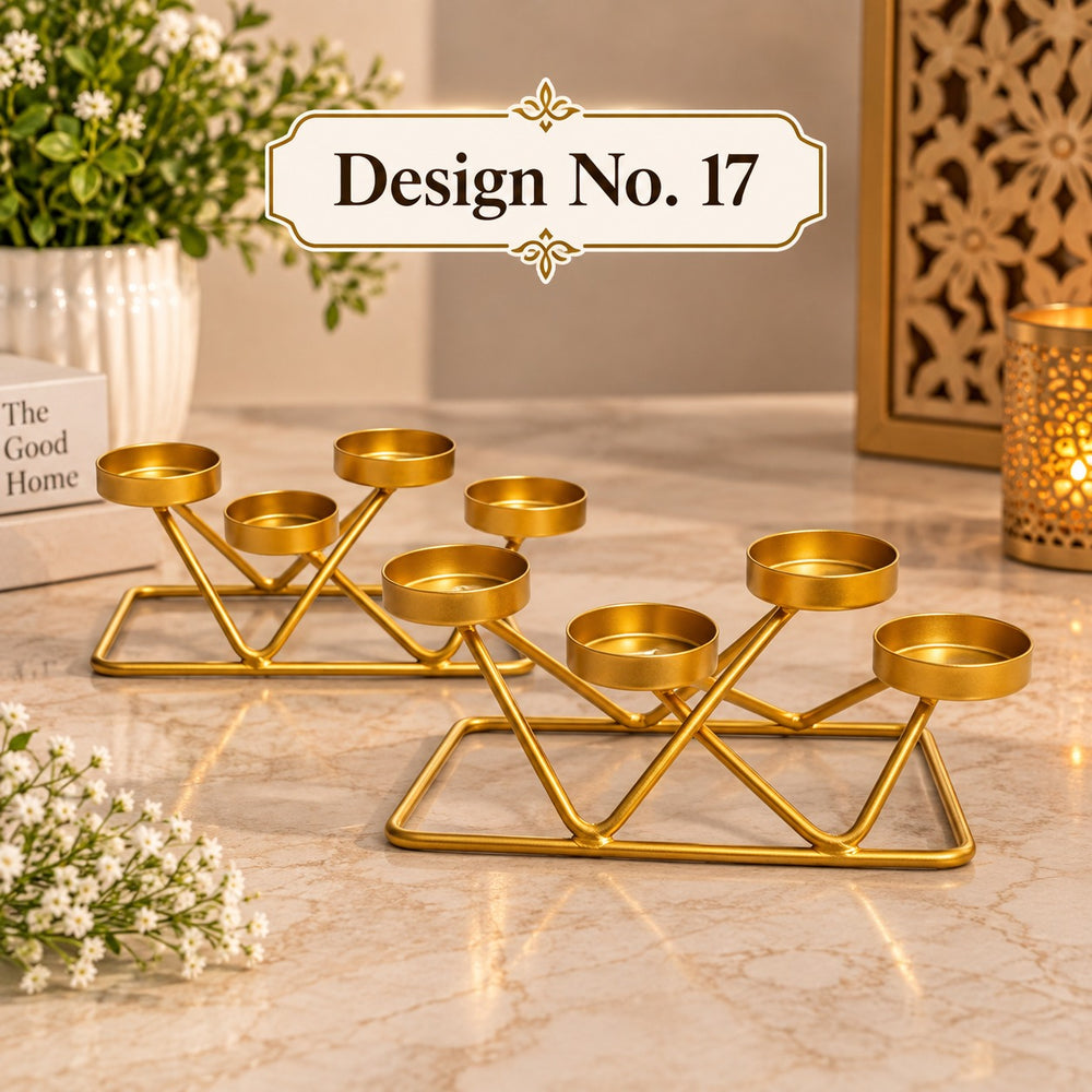 (Design No.17) 2 pcs Premium Golden Metal Diya Stand for Home Décor | Elegant 5-Cup Tea Light Candle Holder | Decorative Centerpiece for Diwali, Pooja & Festive Décor |