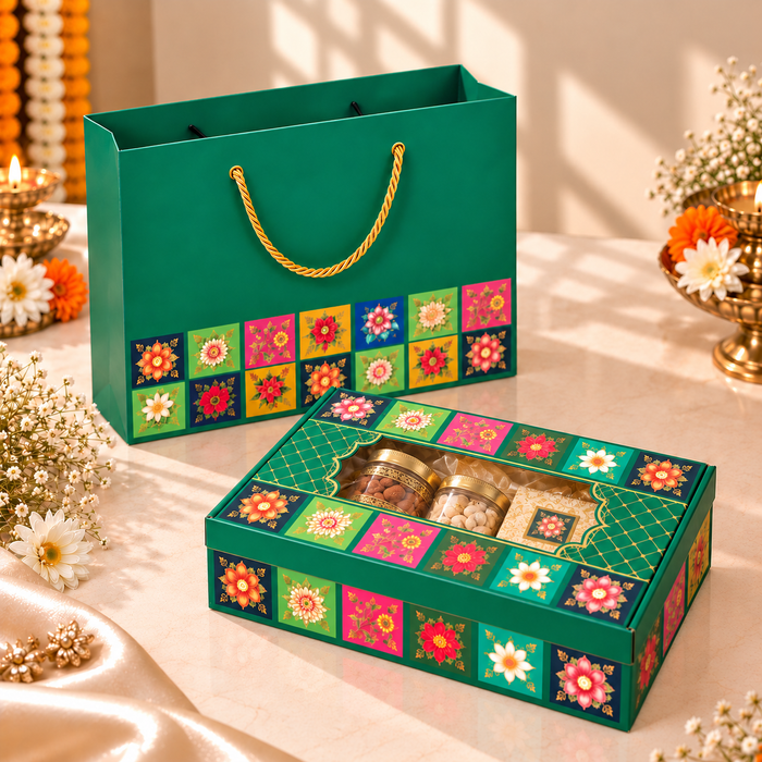 Premium Green Floral Printed Gift Hamper Box with Transparent Window | 11 × 8 × 3 Inch | Elegant Gift Packaging Box