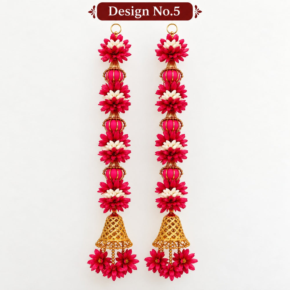 (Design No. 5) Premium Artificial Pink Floral Door Hanging with Golden Bells & Wheel | 21 Inch Decorative Hanging for Door, Home, Wedding & Festive Decor
