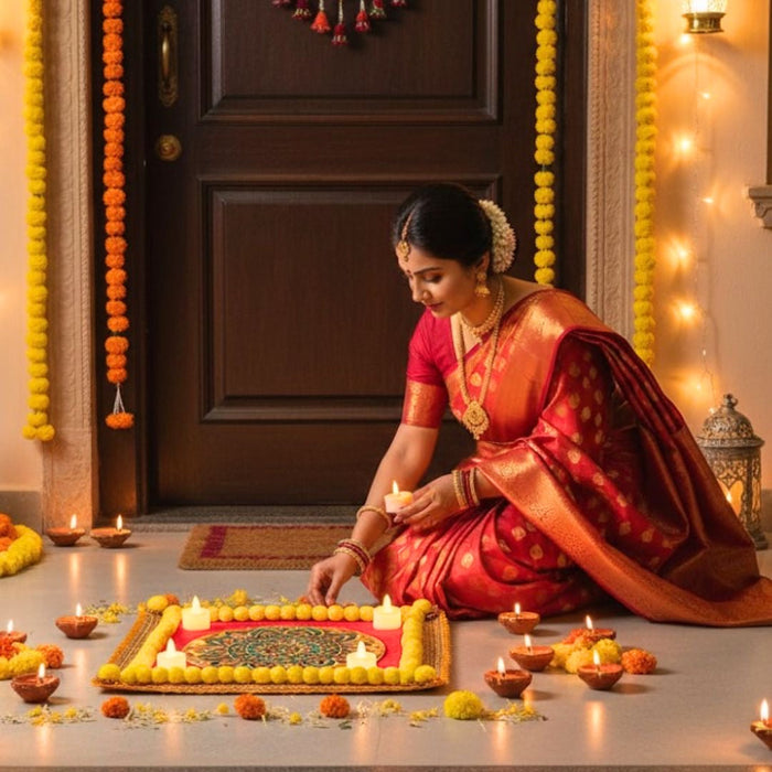 3D Mat Mandala Velvet  Rangoli with DIY Mirror Kit & 4 Free LED Candles – Festival Home Décor