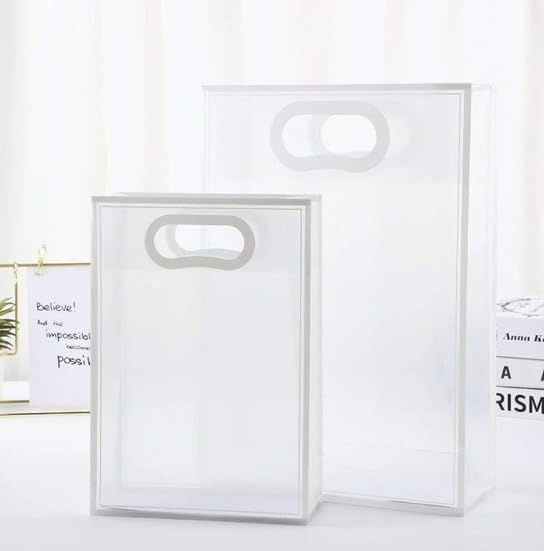 Medium size Translucent Goodie Bags with Handles - Clear Gift Bags, Hamper, Shopping, Wedding Return, Birthday, Festivals & Event Bags (WHITE BORDER) (35x24x10 cm)