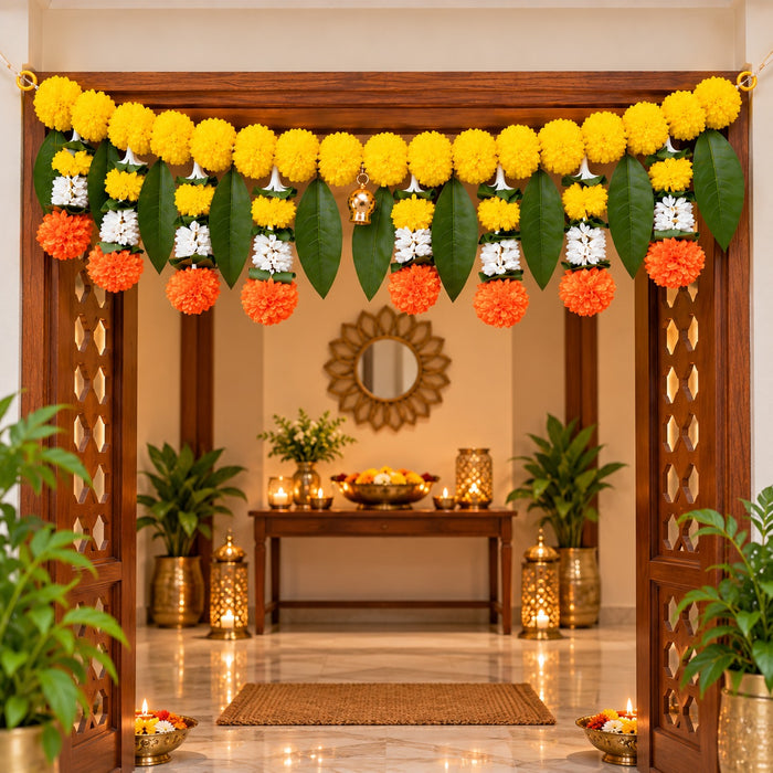 (Design No.12) Premium Artificial Marigold Toran for Door Decoration | 40 Inches Floral Bandhanwar with Green Leaves & Hanging Flowers | Diwali & Festive Home Decor