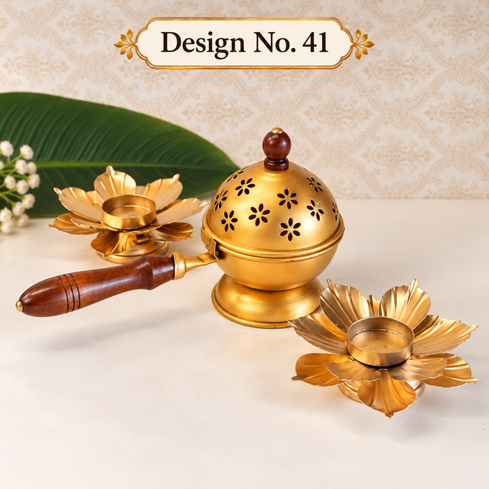 Combo Set of Dhoop Dani with Metal Lotus | Pooja, Home Purifying, Loban & Incense Burner, Diwali Décor