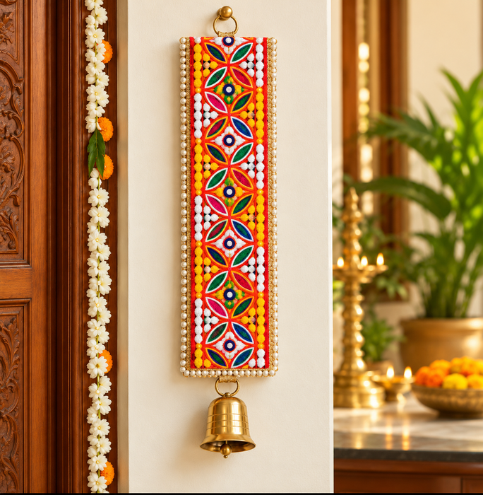 Traditional Embellished Door Hanging with Bell (2pcs) | Red & Golden Decorative| 16 × 5.5 Inch Wall Hanging