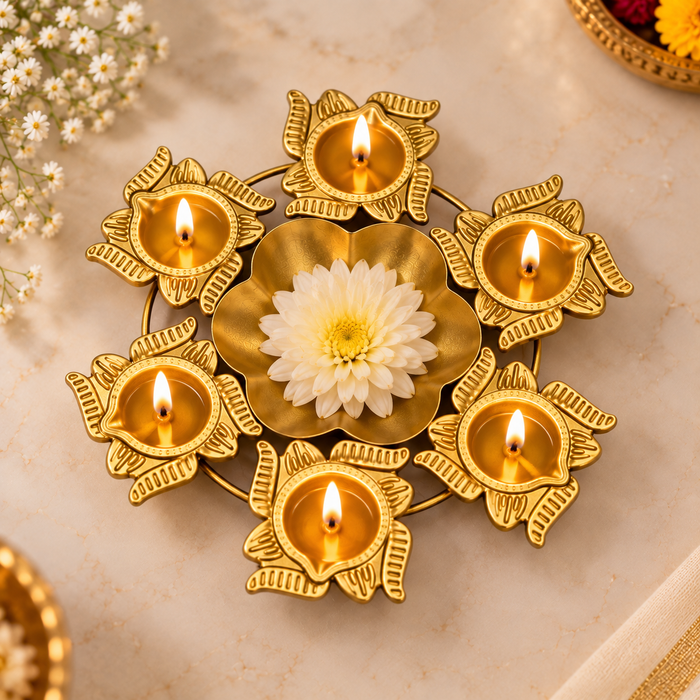 (Design No.29) Golden Diya Rangoli Decoration Set | 8 Inch Traditional Diya & Floral Rangoli Decor | Diwali Pooja Room, Home Entrance & Festive Decoration
