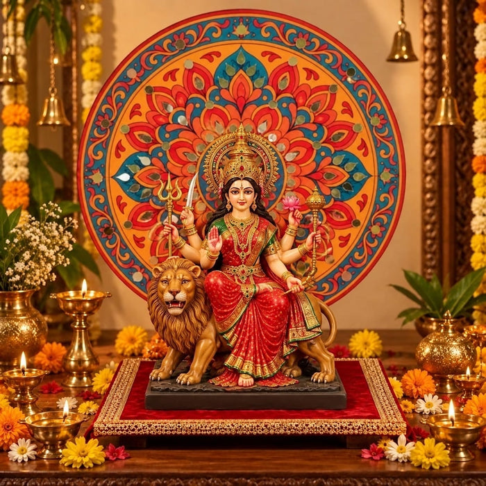 Round Ganpati Mandap with Stand – 18 Inch | Mandala & Peacock Theme + Jharokha Shape Option