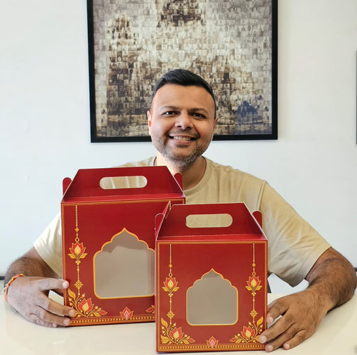 Small size Premium Red & Gold Decorative Gift Hamper Box with Handle & Window | 8 × 8 × 4 Inch Gifting Box