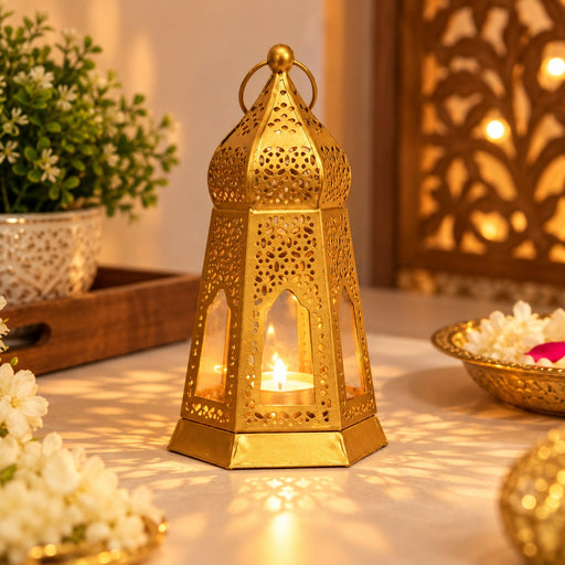 (Design No.39) Golden Metal Hanging Lantern for Diya & Candle | Decorative Moroccan-Style Lantern | 7.5 Inch Height × 3.5 Inch Width