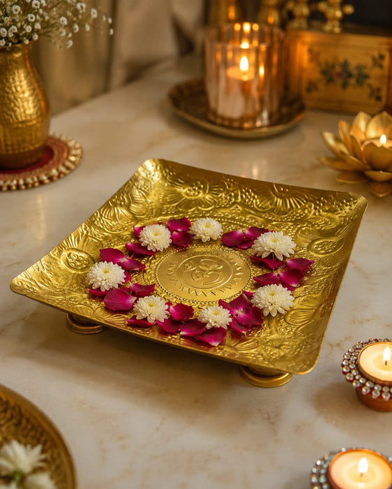 1 Pcs Premium Golden Metal Decorative Tray with Om Design | Embossed Floral Pooja Thali & Centerpiece Tray | Elegant Home Décor, Diwali, Festive & Pooja Decoration |