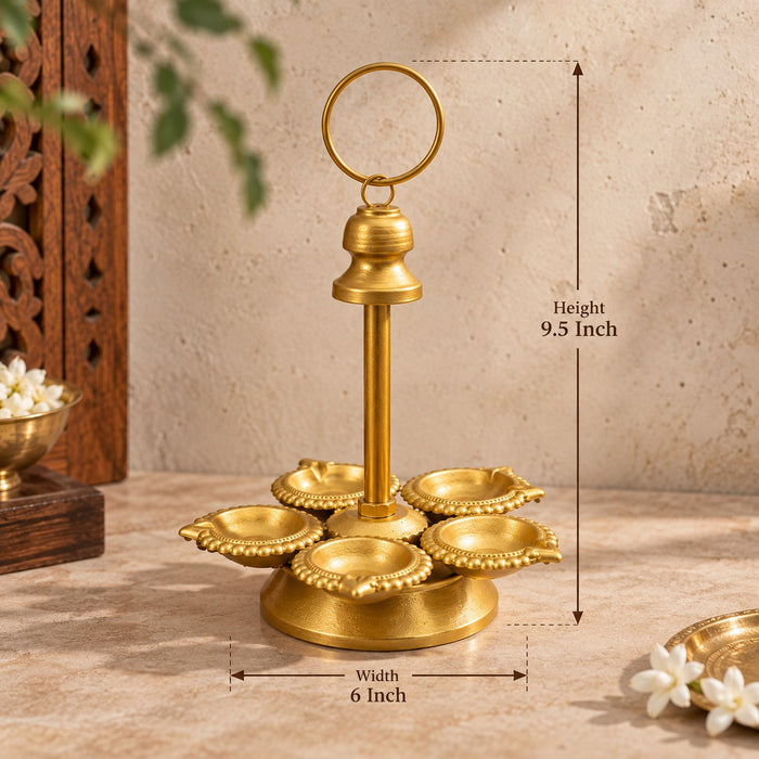 (Design No.31) Premium Metal Panch Diya Stand with Ring Handle | 9.5 Inch Height × 6 Inch Width | Traditional Pooja & Home Decor