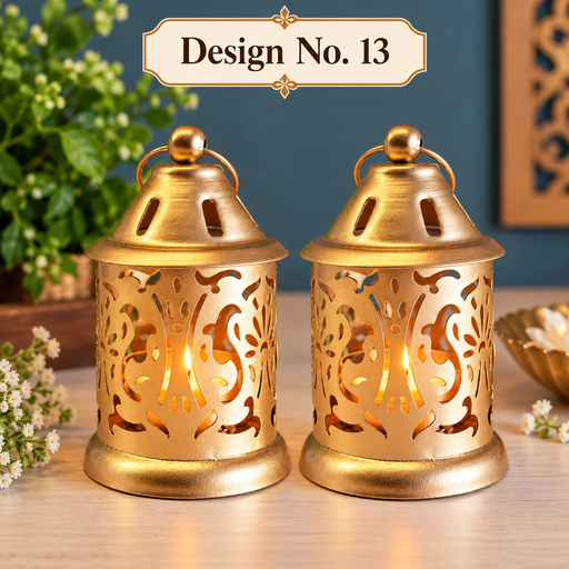 (Design No.13) Gold Polish Decorative Hanging Lantern Shape Candle Holder for Home Decor,Mandir Decor,Candles Diya holder, Office,Table Decor, Entrance Decoration Item(Golden)