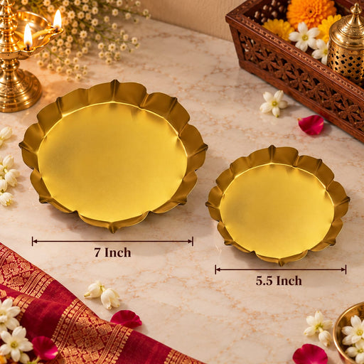 (Design No.36)  Premium Golden Metal Decorative Plate | Lotus Edge Pooja Thali & Diya Base | 7 Inch & 5.5 Inch ✨