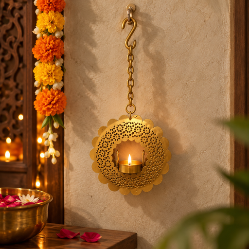 (Design No.32) Golden Metal Hanging Diya Holder | Decorative Wall Hanging Diya Stand | Height 14.5 Inch | Width 5.5 Inch | Festive Home Decor