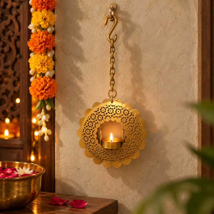 (Design No.32) Golden Metal Hanging Diya Holder | Decorative Wall Hanging Diya Stand | Height 14.5 Inch | Width 5.5 Inch | Festive Home Decor