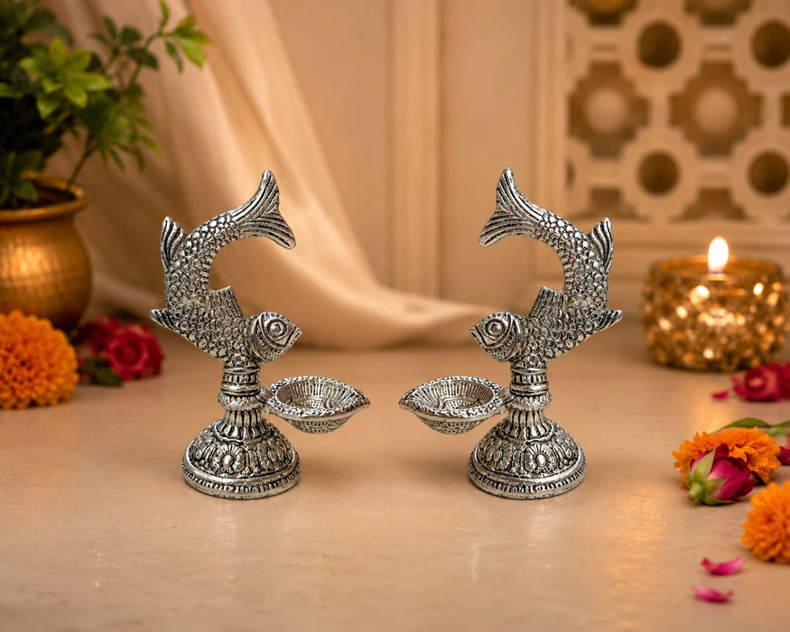 2 Pcs Metal Fish Diya Urli  Traditional Decorative Oil Lamp for Pooja, Home & Festive Décor | 4 Inch