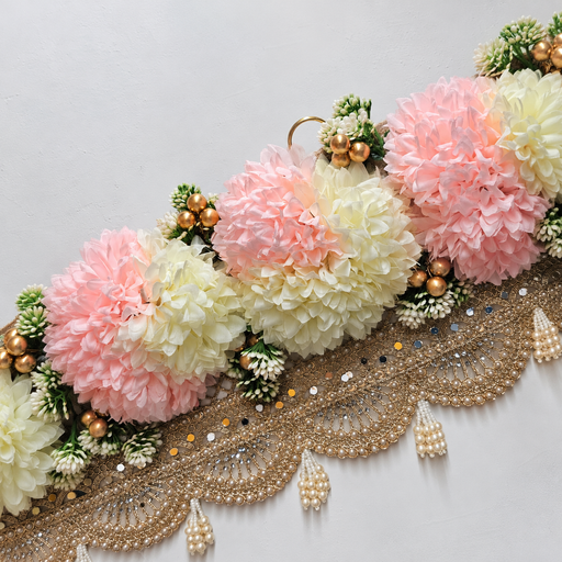 (Design No.17) 1 Pcs Pink & OFF white Floral Toran 42 Inch | Elegant Pearl & Golden Lace Door Hanging Decoration | Festive, Wedding & Pooja Décor