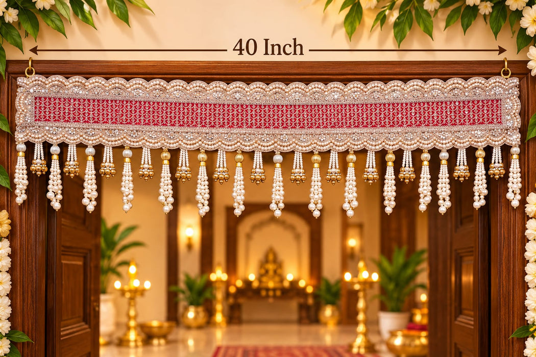 (Design No.1) Premium Designer Door Hanging Toran | Pearl & Stone Embellished Decorative Bandhanwar | Red & Gold Festive Door Decor