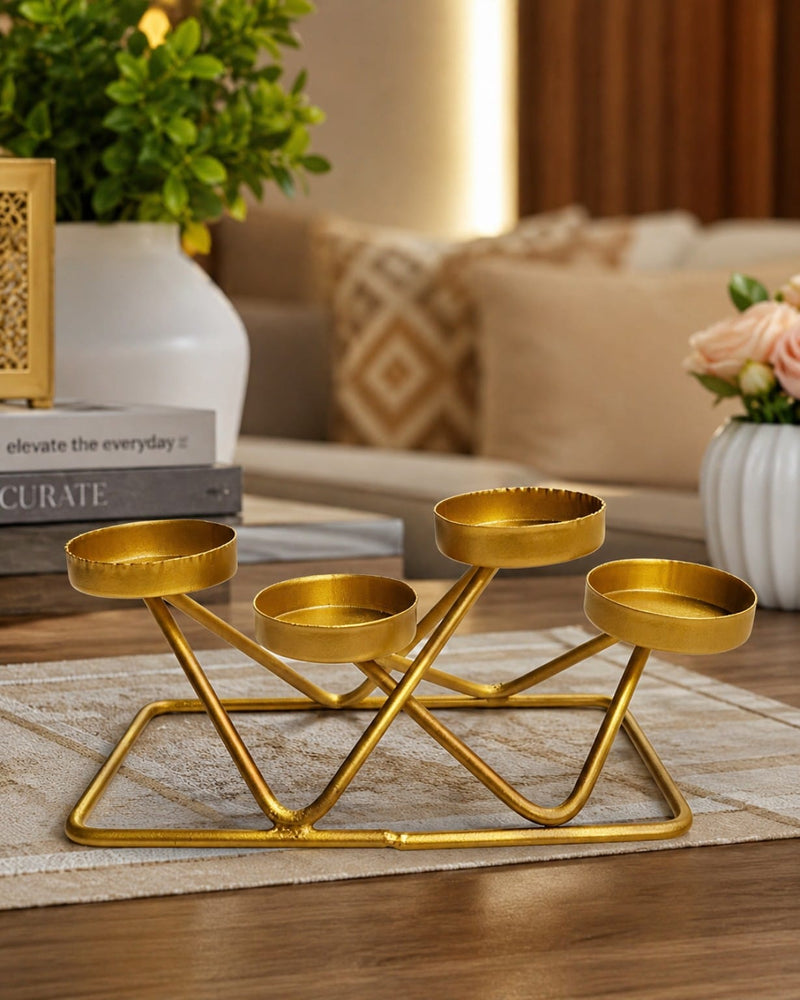 2 pcs Premium Golden Metal Diya Stand for Home Décor | Elegant 5-Cup Tea Light Candle Holder | Decorative Centerpiece for Diwali, Pooja & Festive Décor |