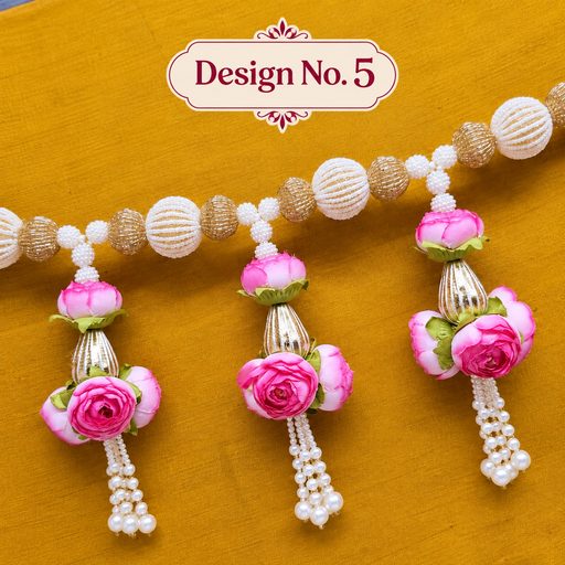 (Design No.5) 1 pcs  Premium Pink Rose Floral Toran 40 Inch | Elegant Pearl & Golden Door Hanging Decoration |