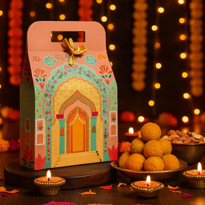 Affordable peach Rajwadi hamper Multipurpose Decorative Folding Paper Cardboard Box DIY Box for Gift Hamper, Diwali Gifting, Wedding gifing (Small)
