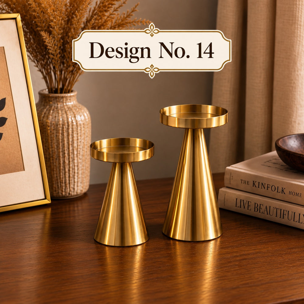 (Design No.14) Modern Gold Metal Candle Holder Set – Elegant Decorative Pillar Candle Stand for Table Centerpiece, Living Room & Wedding Décor Pack 1 set of 2pcs (Small, Big )