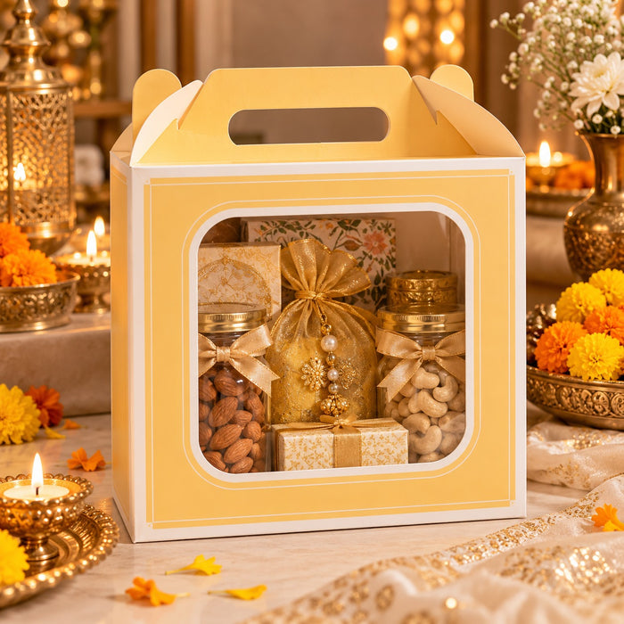 Big Size Premium Large Gift Hamper Box with Handle & Transparent Window | 10 × 10 × 4 Inch | Big Size Gift Packaging Box for Diwali, Weddings & Festive Gifting
