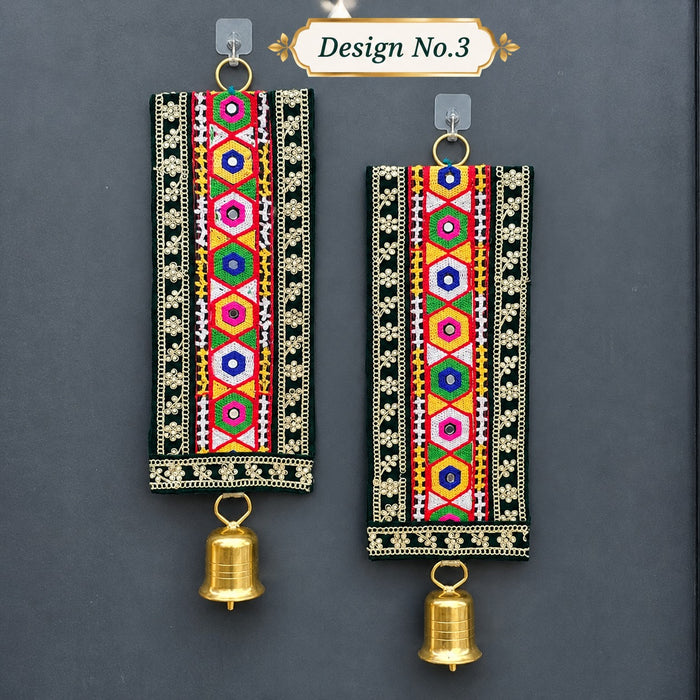 (Design No.3)( 2 pcs )Traditional Embellished Door Hanging with Bell | Red & Golden Decorative| 16 × 5.5 Inch Wall Hanging