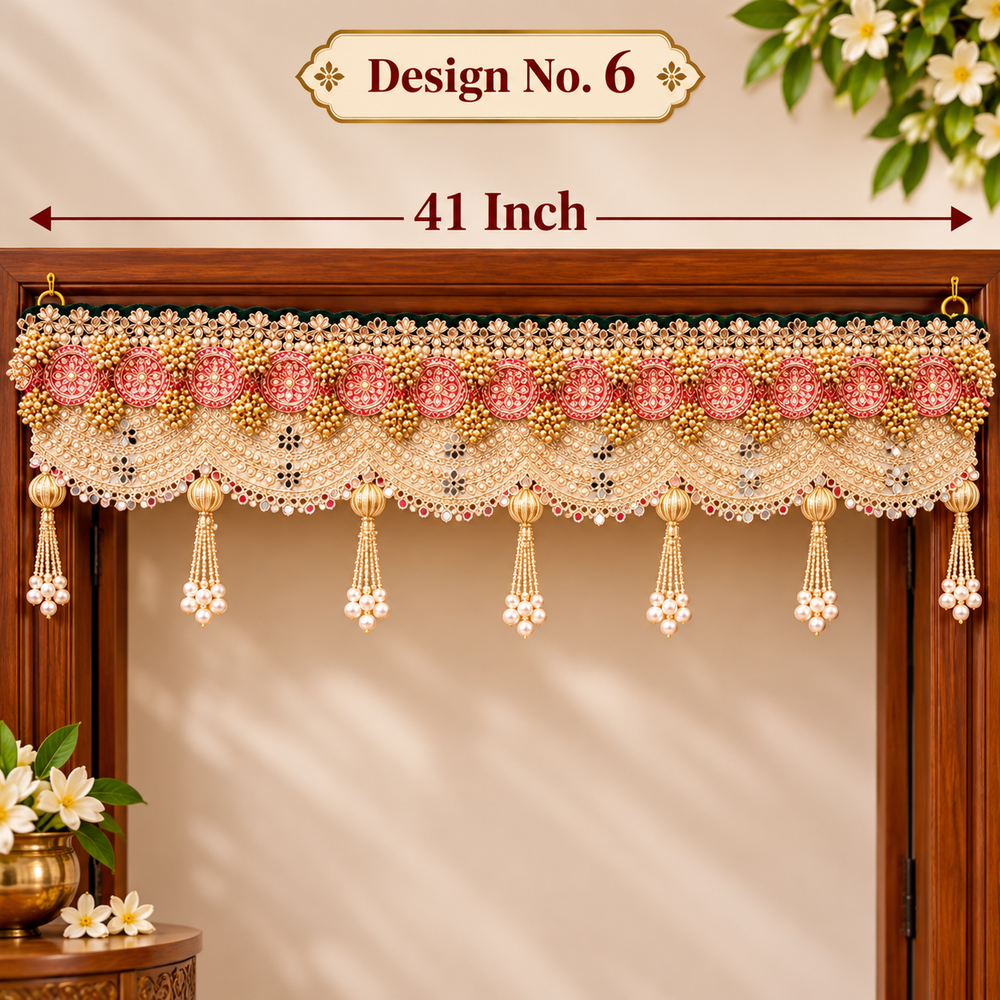 (Design No.6) Premium Designer Door Hanging Toran 41 Inch | Pearl & Zari Embellished Bandhanwar | Red, Gold & White Festive Door Decor
