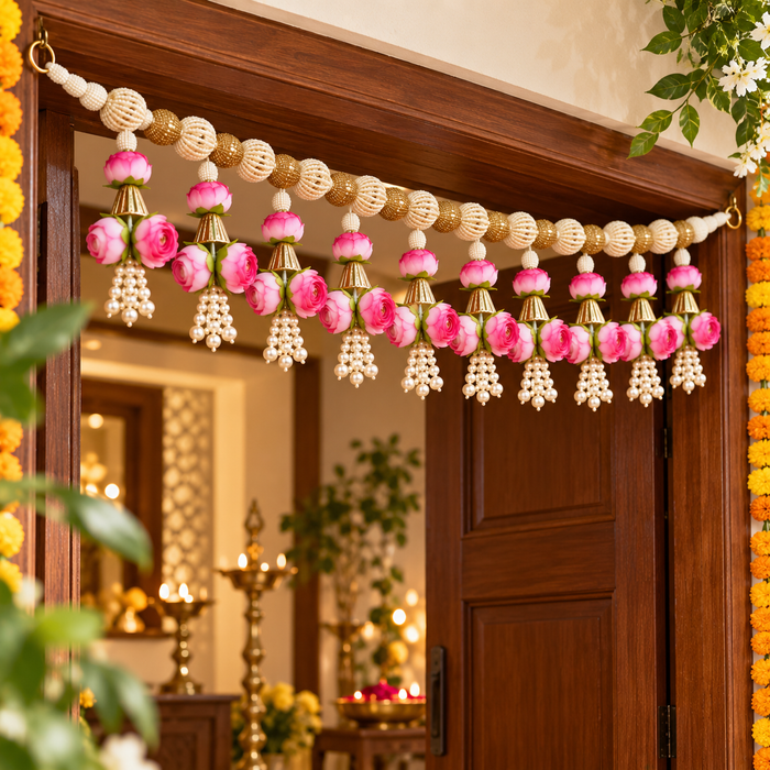 (Design No.5) 1 pcs  Premium Pink Rose Floral Toran 40 Inch | Elegant Pearl & Golden Door Hanging Decoration |
