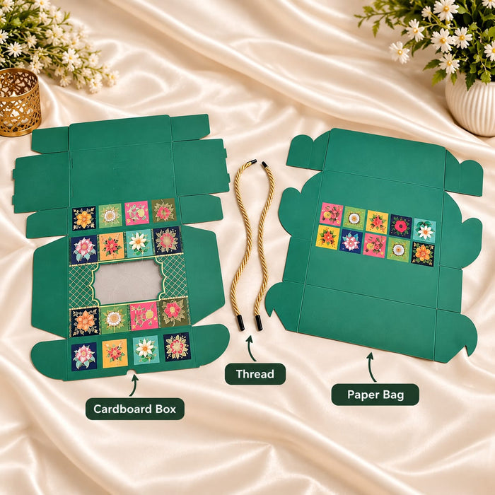 Premium Green Floral Printed Gift Hamper Box with Transparent Window | 11 × 8 × 3 Inch | Elegant Gift Packaging Box