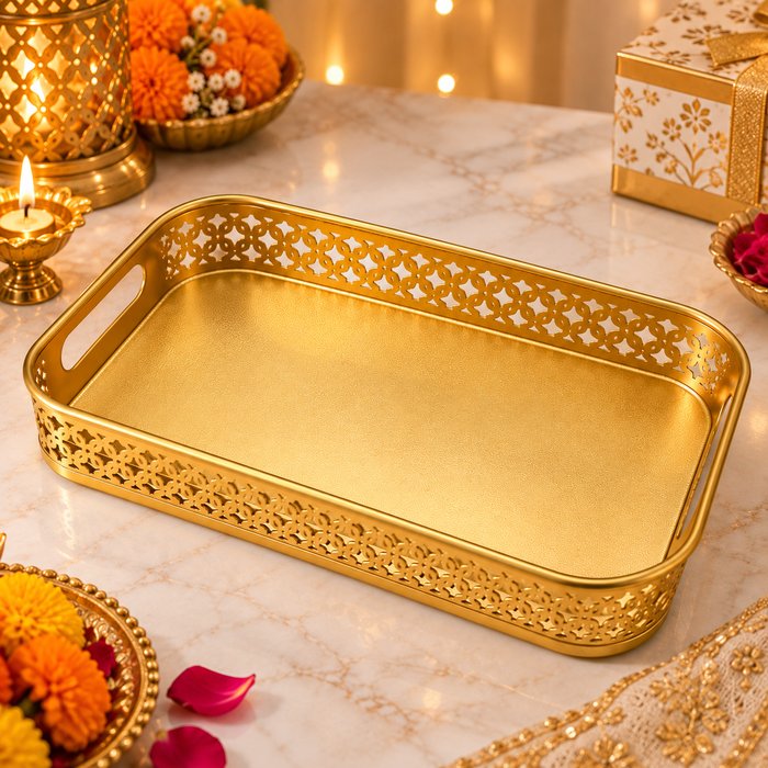 (Design No.30) Premium Golden Decorative Serving Tray with Cutwork Design | Elegant Metal Tray with Handles | Luxury Gift, Wedding & Home Décor Tray