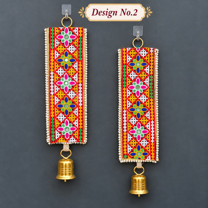 (Design No.2)( 2 pcs )Traditional Embellished Door Hanging with Bell | Red & Golden Decorative| 16 × 5.5 Inch Wall Hanging