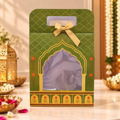Pastel Green Rajwadi Premium Dry Fruit & Sweets Gift Hamper Box | Royal Festive Hamper Box with Golden Foil Finish
