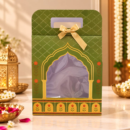 Pastel Green Rajwadi Premium Dry Fruit & Sweets Gift Hamper Box | Royal Festive Hamper Box with Golden Foil Finish