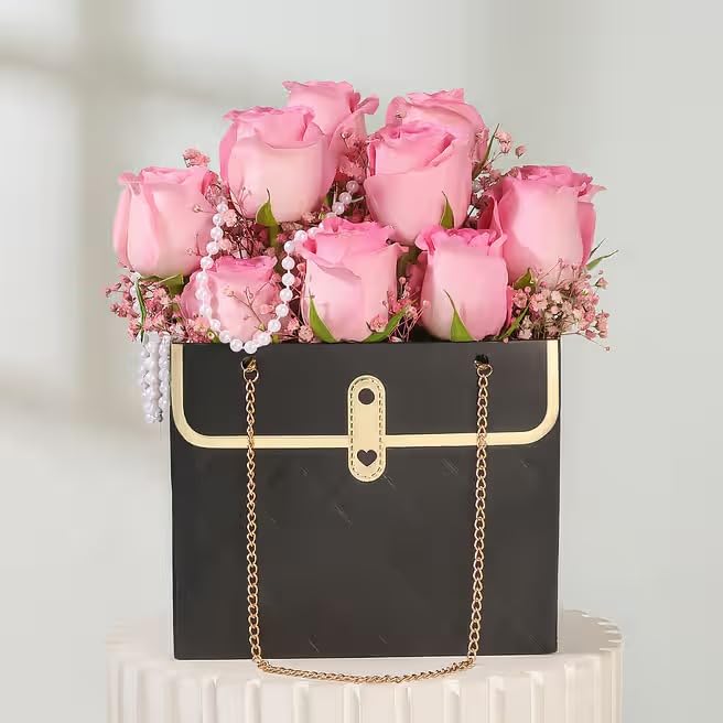 Luxury Chain Handle Gift Bag | Premium Wedding Return Gift Bag | Foldable Paper Gift Bag for Hampers & Gifting (Black, Red, Pink, White)
