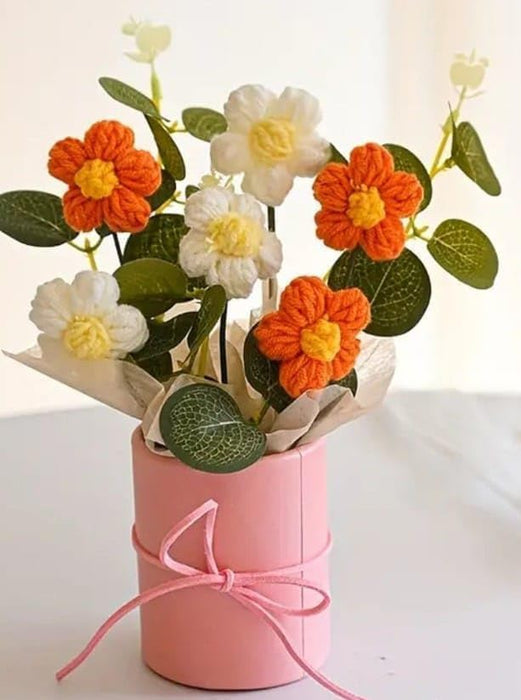 6 pcs Handmade Crochet Daisy Flower Bouquet 22 CM | Handcrafted Yarn Flowers with Green Leaves | Beautiful Decorative Bouquet for Home Décor, Gifting, Wedding & Special Occasions