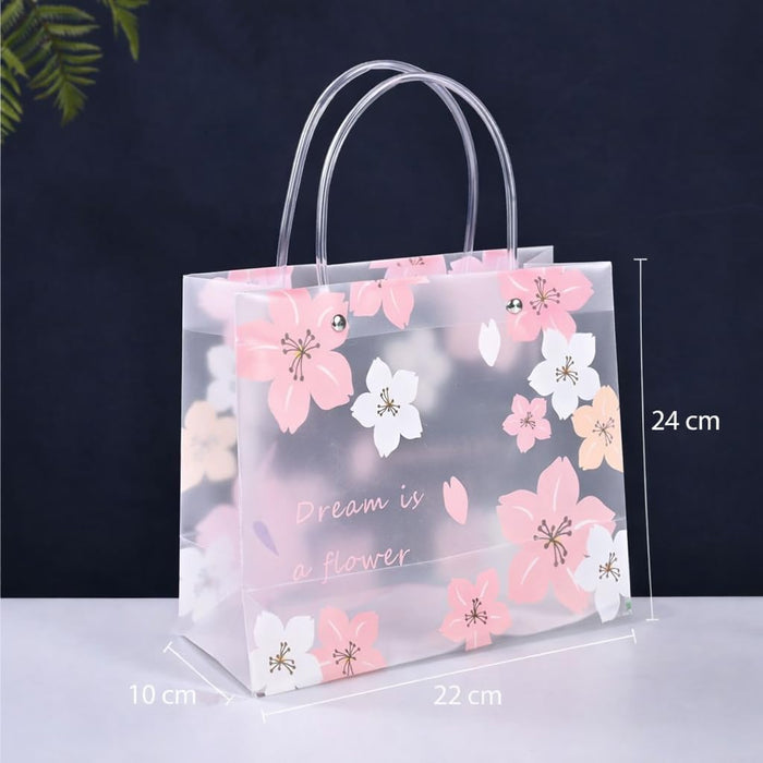 Purple Transparent Gift Bag with Floral Print    | Gift Bag for Her/Him,  hamper bag, Carry Bags, shopping gift bag, Presents, Packing, Wedding Return Gifts, Birthday, Events, Festivals (24 cm x 22 cm)